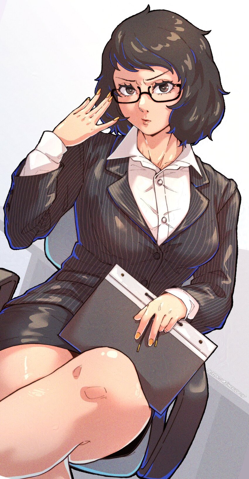 1girl angry breasts brown_eyes brown_hair chuckuddin formal_clothes glasses highres kawakami_sadayo large_breasts looking_at_viewer persona persona_5 short_hair simple_background skirt solo striped_clothes