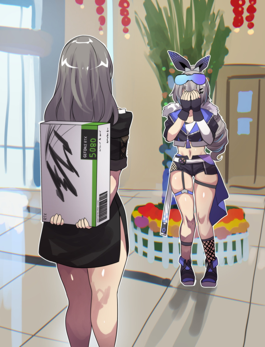 2girls absurdres arms_behind_back black_footwear black_gloves black_jacket black_shorts blue-tinted_eyewear box commentary covering_face door english_commentary eyewear_on_head fingerless_gloves from_behind fur-trimmed_jacket fur_trim geforce_rtx_5080 gift gloves goggles goggles_on_head gradient-tinted_eyewear graphics_card grey_eyes grey_hair hair_between_eyes highres hinghoi holding holding_box holding_gift honkai:_star_rail honkai_(series) indoors jacket long_hair medium_hair midriff multiple_girls navel ponytail purple-tinted_eyewear shoes short_shorts shorts silver_wolf_(honkai:_star_rail) standing stelle_(honkai:_star_rail) thigh_strap tinted_eyewear trailblazer_(honkai:_star_rail) yuri