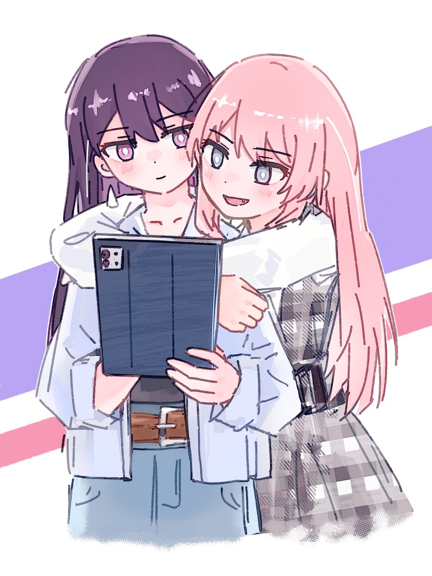 2girls absurdres bang_dream! bang_dream!_it&#039;s_mygo!!!!! belt black_hair blue_skirt blush brown_belt chihaya_anon chinese_commentary closed_mouth commentary_request dress fang highres holding holding_tablet_pc jacket keyun long_hair multiple_girls open_mouth pinafore_dress pink_hair plaid_clothes plaid_dress purple_eyes shiina_taki shirt skirt sleeveless sleeveless_dress tablet_pc white_jacket white_shirt yuri
