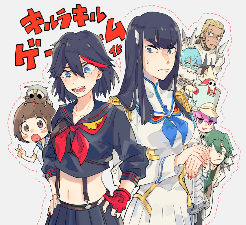 blue_eyes brown_hair dog fingerless_gloves gamagoori_ira glasses gloves green_eyes highres inumuta_houka jakuzure_nonon japanese_text kill_la_kill kiryuuin_satsuki mankanshoku_mako matoi_ryuuko pink_eyes pink_hair sanageyama_uzu senketsu sword tagme v weapon