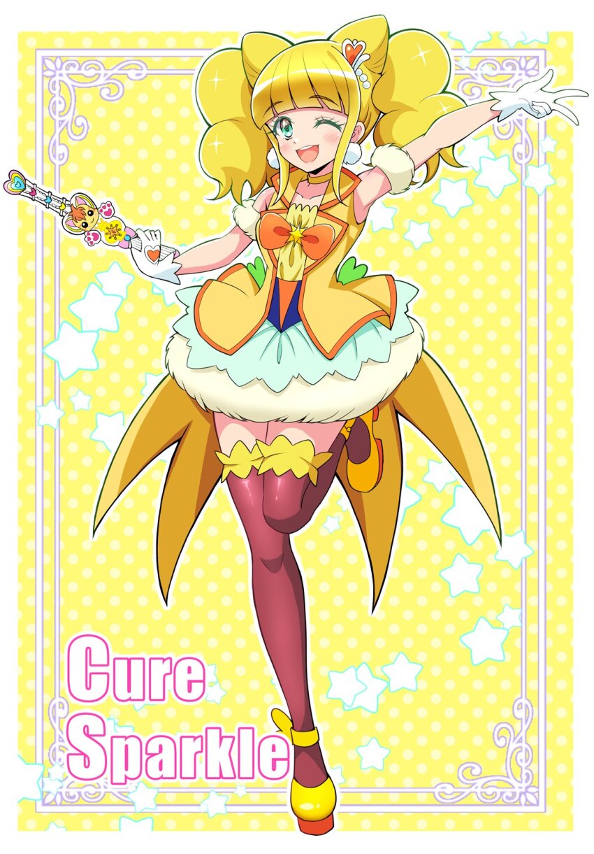1girl aqua_eyes blunt_bangs blush bubble_skirt choker commentary_request cone_hair_bun cure_sparkle earrings gloves hair_bun hair_ornament healin&#039;_good_precure healing_animal healing_wand heart heart_hair_ornament highres hiramitsu_hinata jewelry kaatsu_katsurou long_hair magical_girl nyatoran_(precure) one_eye_closed open_mouth pom_pom_(clothes) pom_pom_earrings precure red_thighhighs shoes skirt smile solo thighhighs twintails v vest white_gloves yellow_choker yellow_shoes yellow_vest