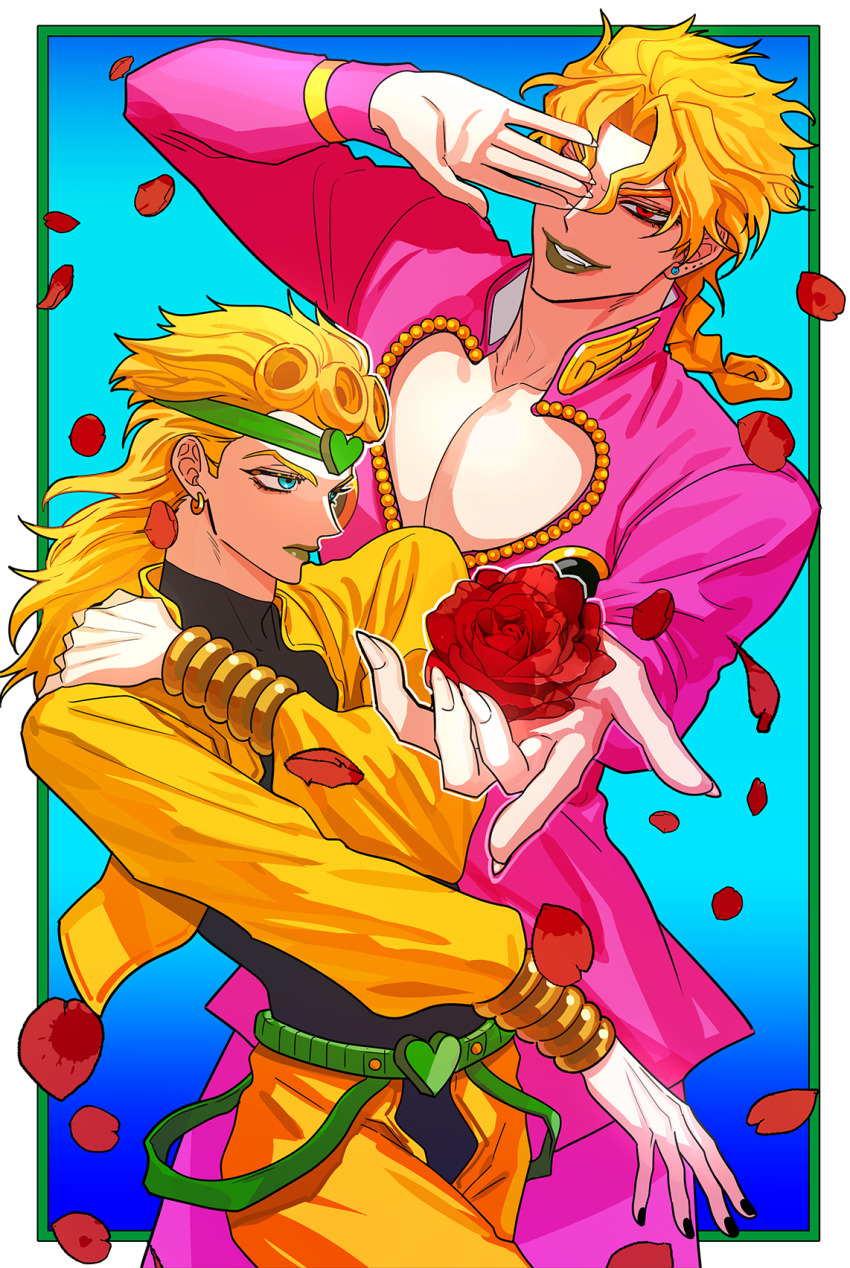 2boys blonde_hair bracelet braid cosplay dio_brando dio_brando_(cosplay) evil_smile father_and_son flower giorno_giovanna giorno_giovanna_(cosplay) gooonja green_lips highres jacket jewelry jojo_no_kimyou_na_bouken long_hair looking_at_viewer male_focus multiple_boys red_eyes red_flower red_rose rose smile stardust_crusaders vento_aureo yellow_jacket
