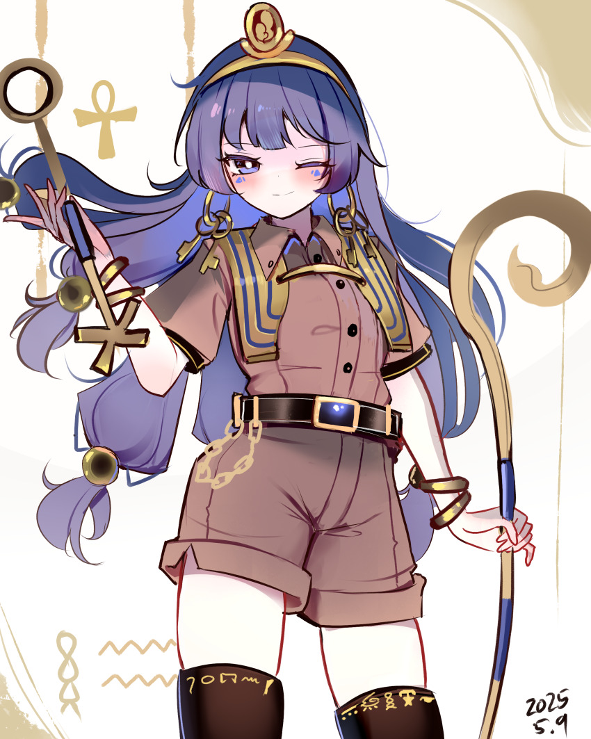 1girl absurdres ankh belt blue_eyes blue_hair brown_shirt brown_shorts collared_shirt dated earrings facial_mark fossilized_wonders gold gold_headdress gold_headwear highres holding holding_scepter jewelry key_earrings long_hair michigami_nareko scepter shen_bi_ren_(user_rjgy2824) shirt shorts smile solo tattoo thighhighs touhou triangle triangle_facial_mark