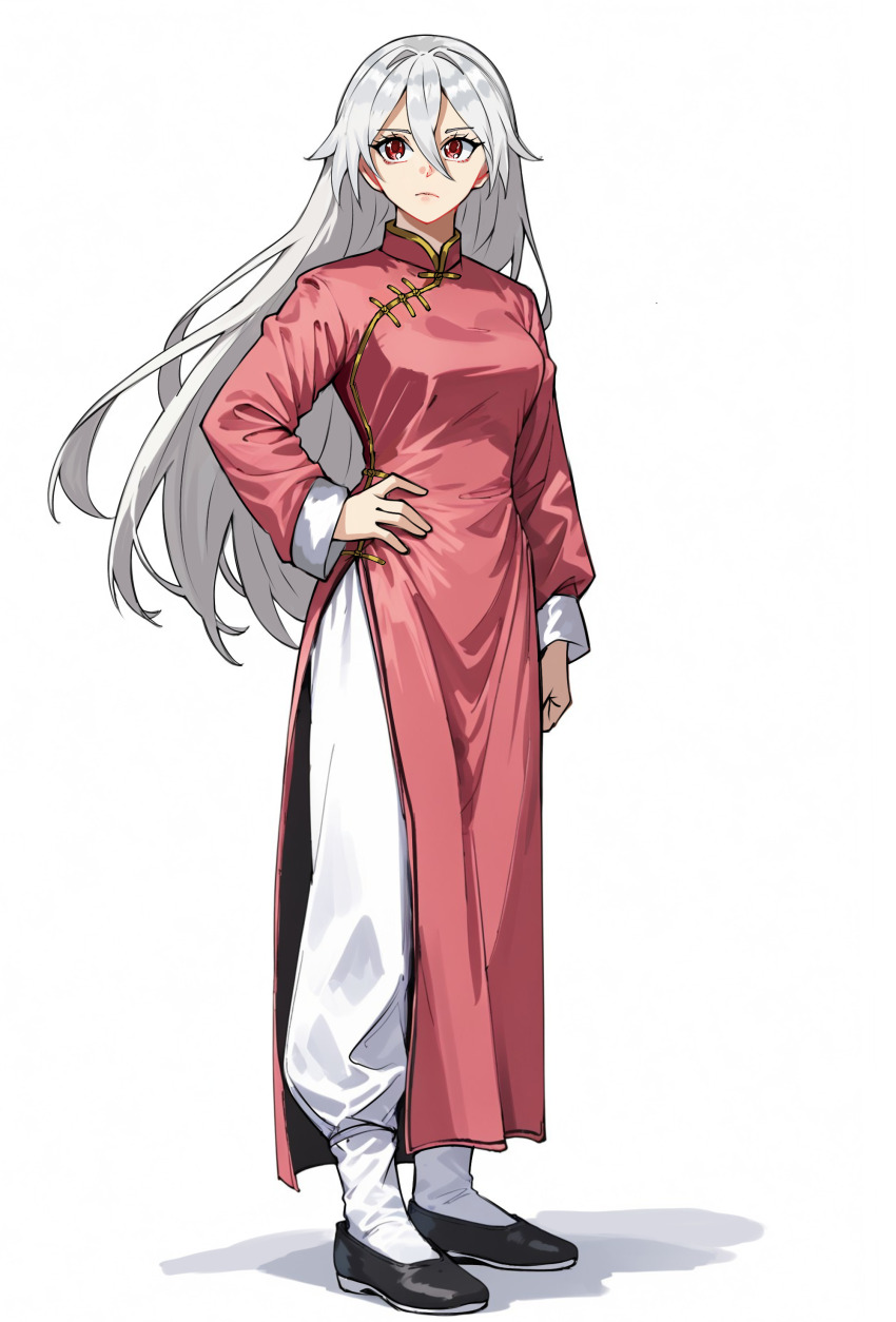 1girl absurdres changpao china_dress chinese_clothes dress fighting_stance hand_on_own_hip highres kokoro_no_koibito kung_fu long_hair long_sleeves martial_arts monk original pink_dress red_eyes self-upload shaolin_monk solo standing training white_hair