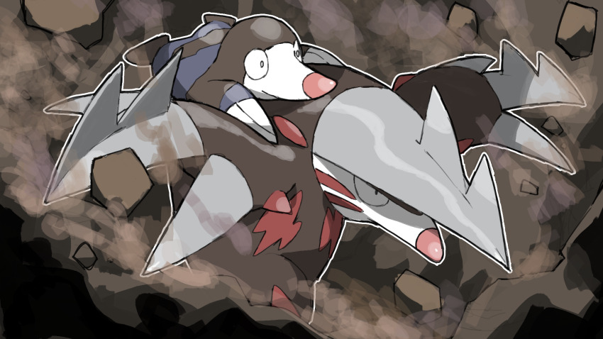 black_eyes blacknirrow brown_fur carrying claws closed_mouth commentary digging drilbur english_commentary evolutionary_line excadrill gen_5_pokemon highres mole_(animal) nintendo no_humans piggyback pokemon pokemon_(creature) pokemon_focus smile spikes tunnel
