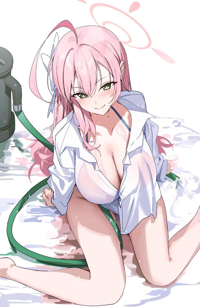 1girl absurdres ahoge blue_archive blush bow braid breasts cleavage commentary green_eyes hair_bow halo hanako_(blue_archive) hanako_(swimsuit)_(blue_archive) highres hose large_breasts long_hair nagul pink_hair see-through_clothes see-through_shirt shirt single_braid smile solo symbol-only_commentary very_long_hair wet white_bow white_shirt