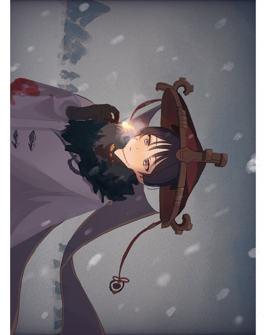 1boy black_gloves black_hair blunt_ends closed_mouth coat fatui_coat fire fur_collar genshin_impact gloves gold gold_trim grey_eyes grey_veil hand_up hat highres jingasa male_focus matches overcast red_hat scaramouche_(genshin_impact) shomo_uwu sideways sky snow snowing solo tsurime veil white_coat winter_clothes winter_coat