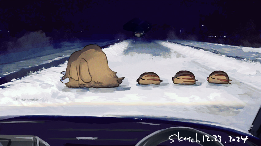 closed_eyes commentary_request dated evolutionary_line following from_side gen_2_pokemon highres night nintendo no_humans oguraan piloswine pokemon pokemon_(creature) sky snow swinub tusks winter