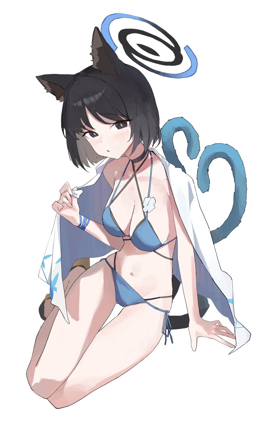 absurdres animal_ears bare_shoulders bikini black_eyes black_hair blue_archive blue_bikini blue_halo blue_tail breasts cat_ears cat_girl cat_tail halo highres k.gj kikyou_(blue_archive) kikyou_(swimsuit)_(blue_archive) large_breasts medium_hair multiple_tails navel official_alternate_costume simple_background swimsuit tail thighs two_tails white_background
