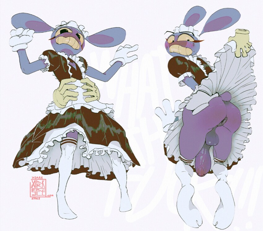 1boy anus ass blush colored_teeth feet furry highres jax_(the_amazing_digital_circus) maid no_shoes penis rabbit_boy soles the_amazing_digital_circus thighhighs white_thighhighs xdarkspace yellow_teeth