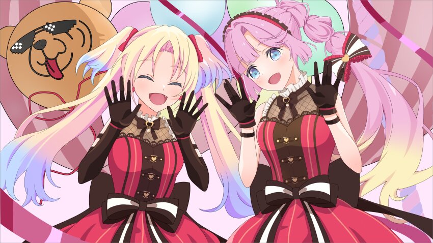 2girls :d ^_^ absurdres anyoji_hime balloon blonde_hair blue_eyes blue_hair breasts closed_eyes commentary cowboy_shot curtained_hair dress fishnet_dress frilled_dress frills gradient_hair hair_intakes hairband hashtag-only_commentary highres link!_like!_love_live! long_hair love_live! medium_breasts miracreation multi-tied_hair multicolored_hair multiple_girls official_alternate_costume open_mouth osawa_rurino parted_bangs pink_dress pink_hair pinstripe_dress pinstripe_pattern ponytail red_hairband sidelocks sleeveless sleeveless_dress smile torr_(torr_highfree) twintails very_long_hair virtual_youtuber