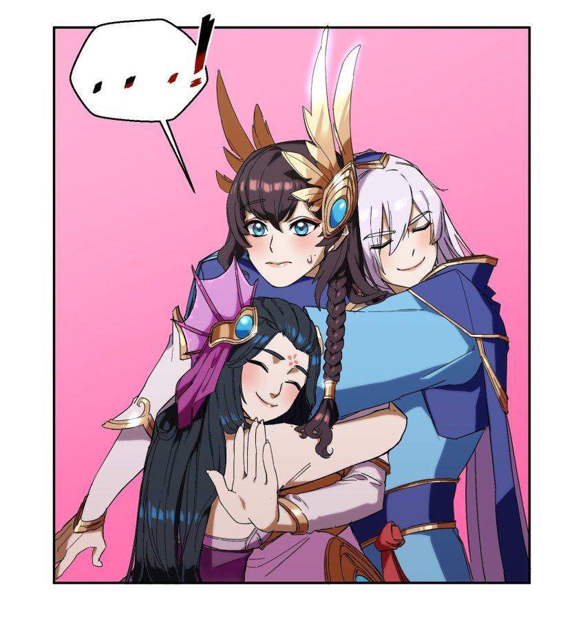 ! ... ...! 1boy 2girls bare_shoulders black_border black_hair blue_cloak blue_eyes blue_hood blue_robe blue_sash blush border check_commentary cloak closed_eyes closed_mouth commentary commentary_request ddlggoddadda divine_sword_irelia enduring_sword_talon facial_mark forehead_mark gold_trim gradient_background hair_ornament highres holding hug irelia jewelry league_of_legends long_hair monster_girl multicolored_background multiple_girls nami_(league_of_legends) pink_background robe sash shiny_lips shirt smile splendid_staff_nami spoken_ellipsis spoken_exclamation_mark sweatdrop talon_(league_of_legends) tsurime two-tone_background upper_body v-shaped_eyebrows very_long_hair white_background white_border white_hair