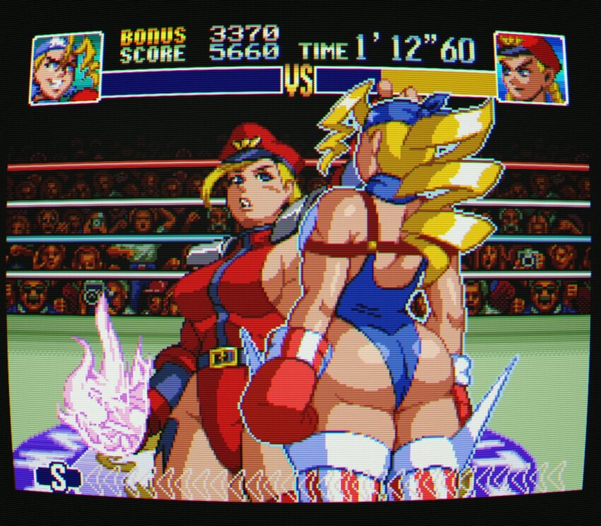 1boy 2girls 6+others alternate_costume ass bare_shoulders blonde_hair blue_eyes blue_leotard boxing_ring breasts cammy_white cosplay crt curvy energy fake_screenshot fighting highleg highleg_leotard highres justice_gakuen large_breasts leotard lips looking_at_another m._bison_(cosplay) multiple_girls multiple_others nakamanga official_alternate_costume outfit_connection pixel_art red_leotard restrained revealing_clothes scanlines scene_reference shiny_skin sleeveless street_fighter thong_leotard tiffany_lords wide_hips
