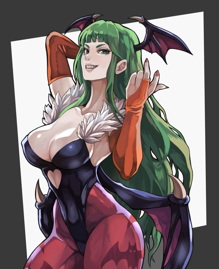 1girl black_leotard breasts darkstalkers green_eyes green_hair head_wings highres leotard long_hair looking_at_viewer morrigan_aensland smile solo strapless strapless_leotard to-ru wings