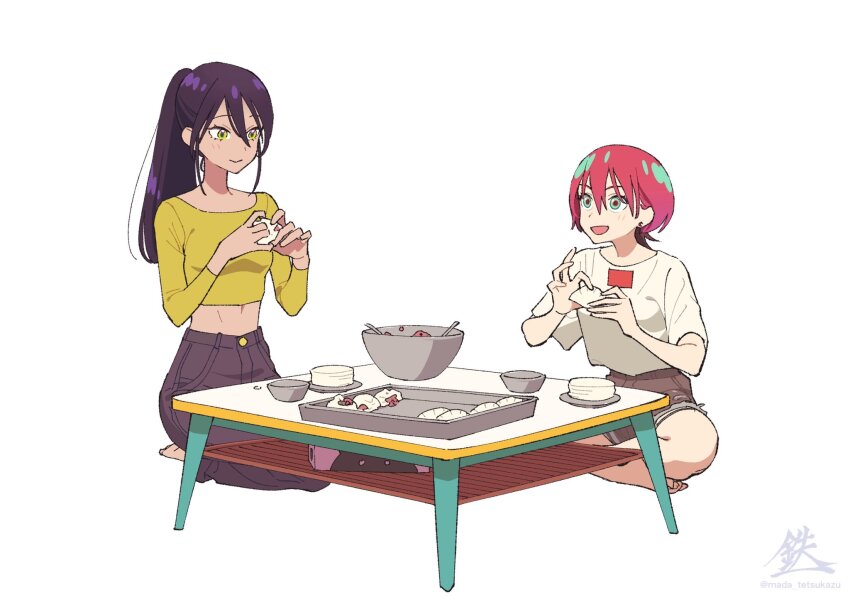 2girls amate_yuzuriha artist_name black_hair black_pants brown_shorts commentary cooking denim gundam gundam_gquuuuuux high_ponytail highres kneeling long_hair multiple_girls nyaan_(gundam_gquuuuuux) pants ponytail red_hair shirt short_hair shorts sitting symbol-only_commentary tetsukazu twitter_username watermark white_shirt yellow_shirt