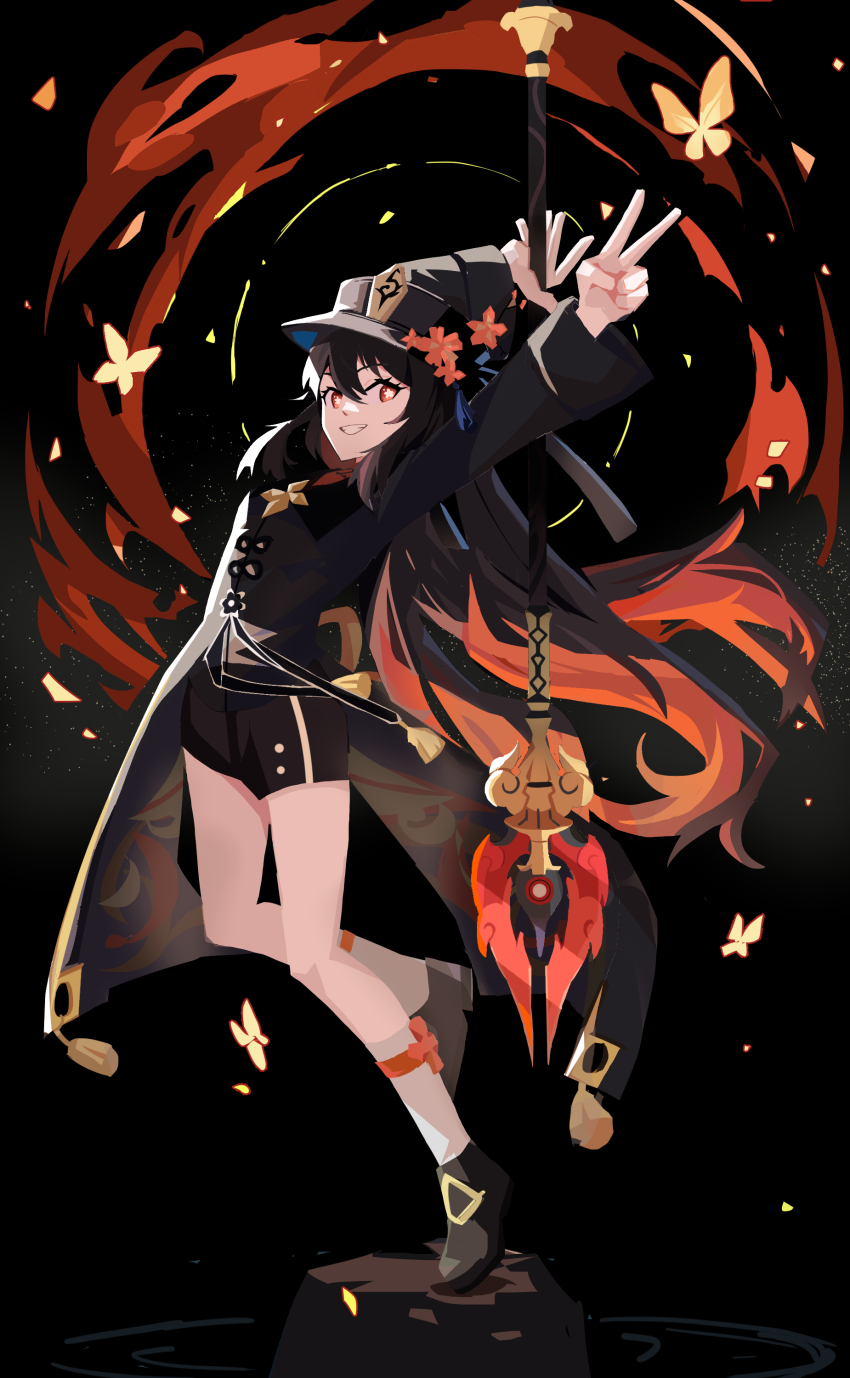 1girl absurdres arms_up black_hair black_hat black_shirt black_shoes black_shorts bug butterfly commentary_request full_body genshin_impact grin hat highres holding holding_staff hu_tao_(genshin_impact) insect long_hair long_sleeves looking_ahead orange_butterfly pink_eyes porkpie_hat shirt shoes shorts smile solo staff standing standing_on_one_leg v zb_relic