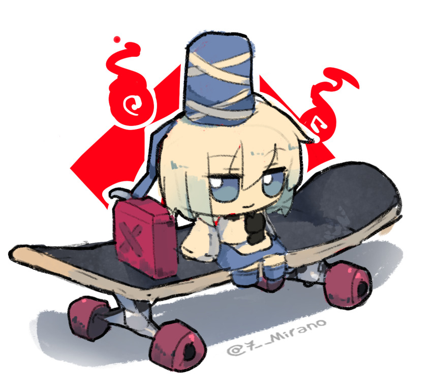 1girl 7-mirano blue_eyes character_doll doll dress fumo_(doll) hat japanese_clothes jerry_can jitome kariginu long_sleeves mononobe_no_futo sitting skateboard smile solo tate_eboshi touhou twitter_username wide_sleeves