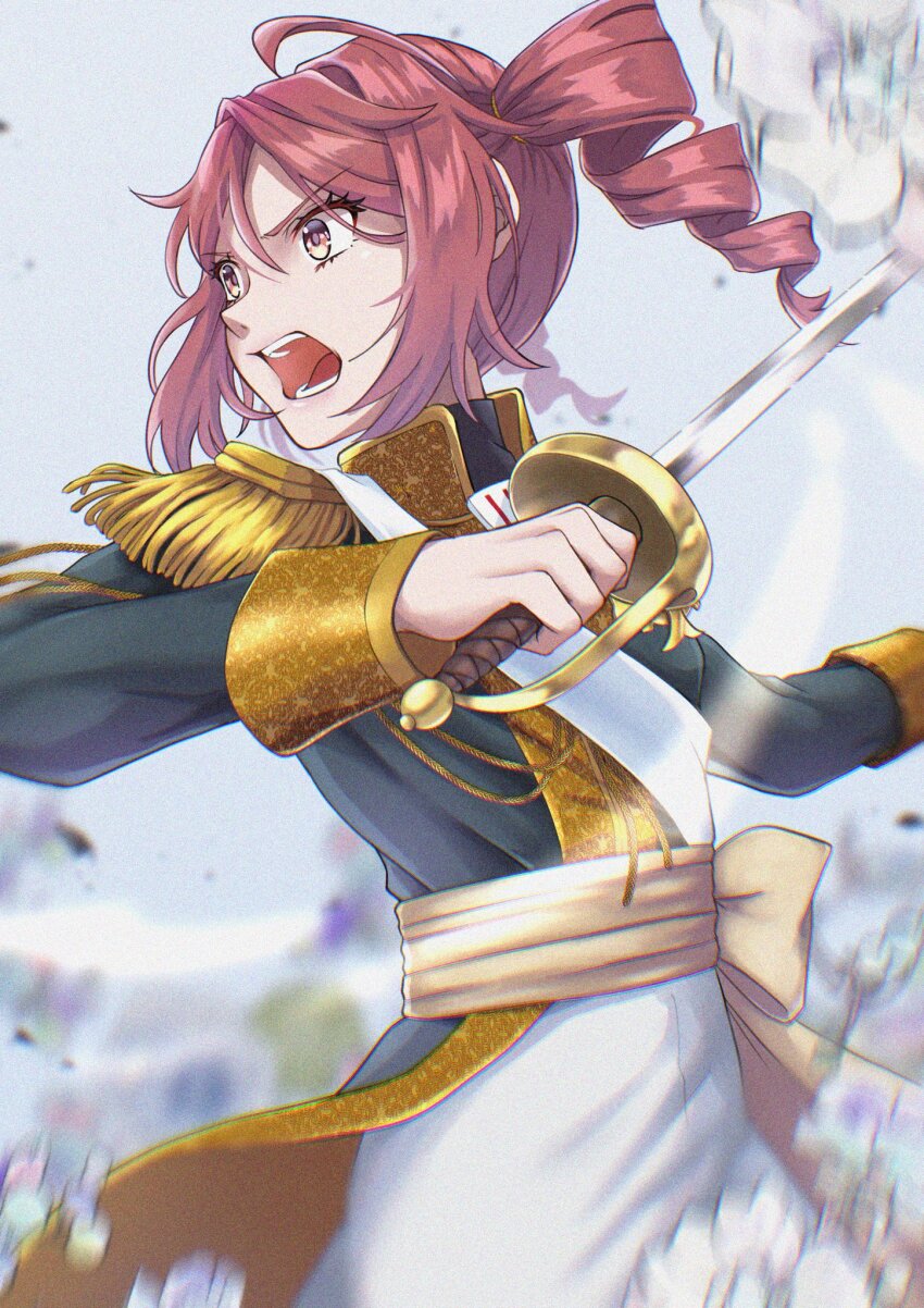 1girl alternate_costume black_coat coat drill_hair flat_chest french_army hand_up highres holding holding_sword holding_weapon kasane_kein kasane_teto looking_to_the_side nose open_mouth rapier red_hair shoulder_boards solo sword teeth translation_request twin_drills utau weapon white_background