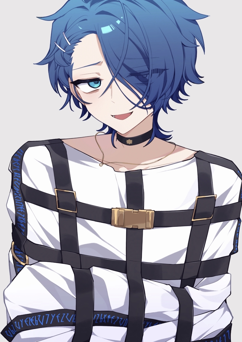 1boy :d bags_under_eyes black_choker blue_eyes blue_hair choker eyes_visible_through_hair furrowed_brow grey_background hair_ornament hair_over_one_eye hairclip half-closed_eyes highres jewelry looking_at_viewer lower_teeth_only male_focus medium_hair milgram necklace open_mouth sakurai_haruka_(milgram) shirt simple_background smile solo teeth upper_body white_shirt yingwux1