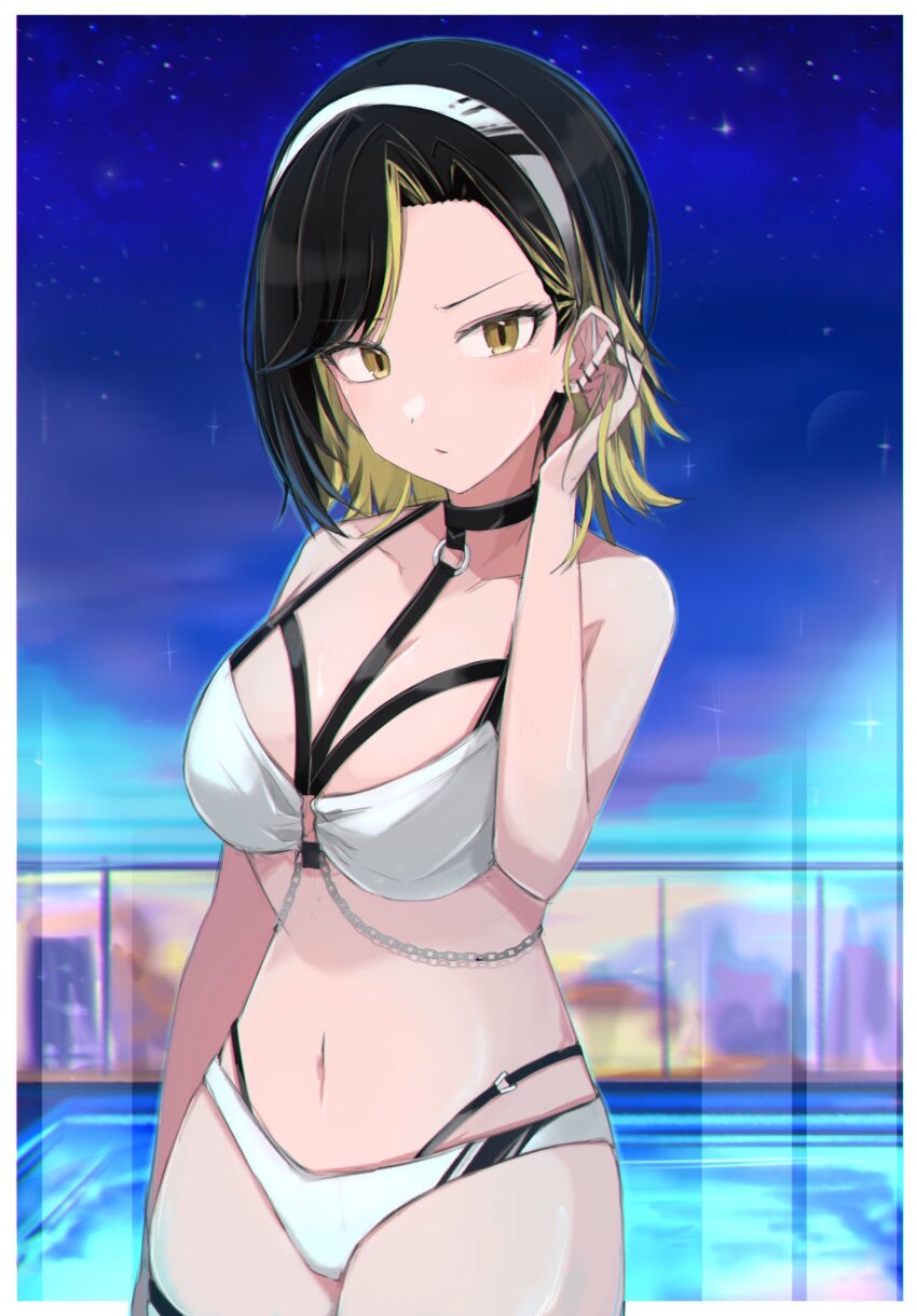 1girl asymmetrical_bangs bikini black_choker black_hair blurry blurry_background breasts choker cowboy_shot ear_piercing headband highres idolmaster idolmaster_shiny_colors ikaruga_luca leather_strap medium_breasts multicolored_hair night night_sky official_alternate_costume piercing poolside sakuragi_raia short_hair sky solo star_(sky) streaked_hair swimsuit white_bikini white_headband yellow_eyes