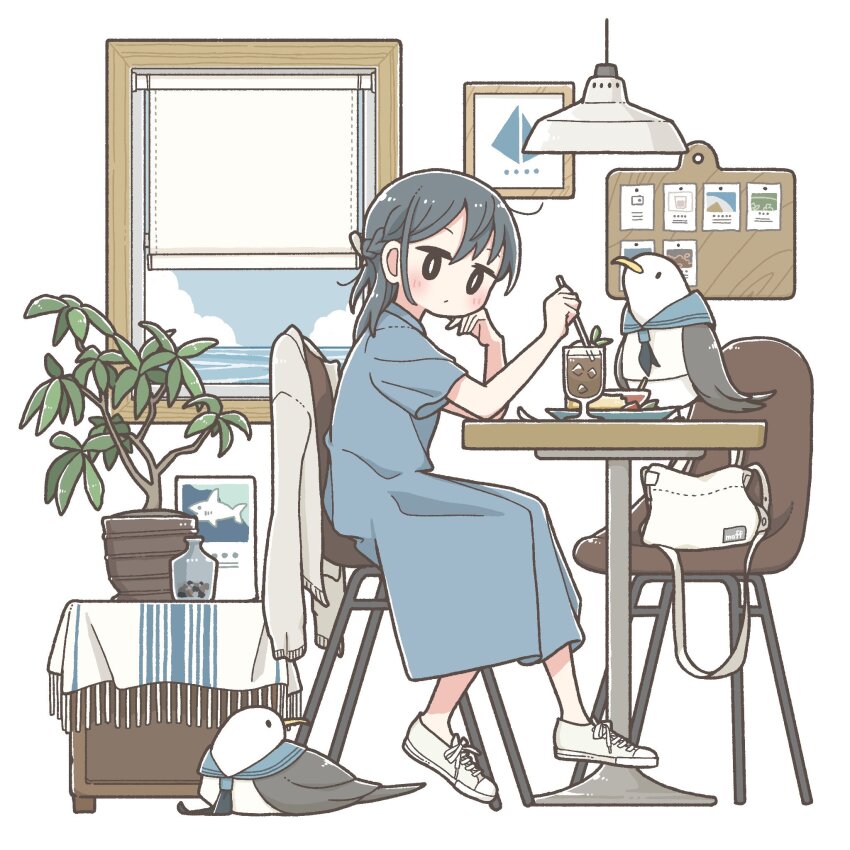 1girl animal bag bird black_eyes blue_dress blue_sailor_collar blush braid bright_pupils chair clothed_animal dress drink east_sha2 food glass_bottle half_up_braid handbag highres jacket no_nose ocean original plant potted_plant sailor_collar shoes short_sleeves solo stirring table unworn_jacket white_background white_jacket white_pupils white_shoes