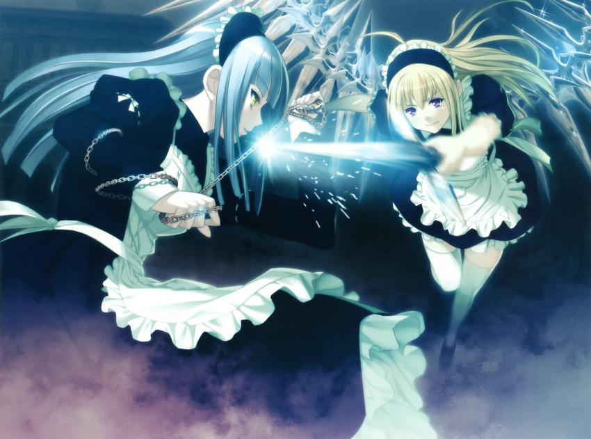 2girls ahoge anna_(gekkou_no_carnevale) battle blonde_hair blue_eyes blue_hair chain dress gekkou_no_carnevale highres long_hair lunaria maid multiple_girls oosaki_shin&#039;ya perla purple_eyes silver_hair sword thighhighs weapon white_thighhighs wings yellow_eyes zettai_ryouiki