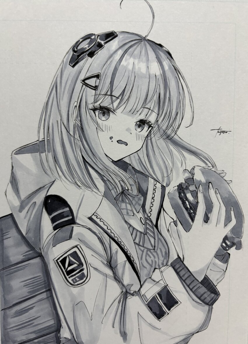 1girl admi_(nikke) ahoge backpack bag blush bow bowtie burger eating food food_bite food_on_face goddess_of_victory:_nikke greyscale hair_ornament hatching_(texture) headgear highres holding holding_food hood hood_down hooded_jacket jacket long_sleeves looking_at_viewer medium_hair monochrome mugen_kageno multicolored_hair open_clothes open_mouth shirt signature simple_background solo streaked_hair sweater_vest traditional_media upper_body