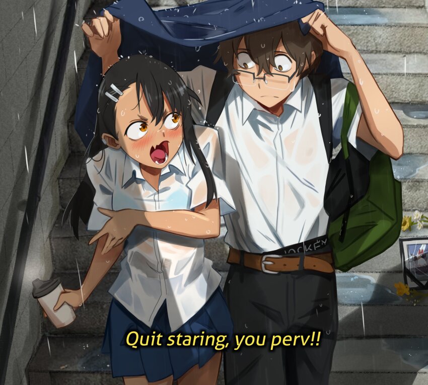 1boy 1girl absurdres backpack bag belt black-framed_eyewear black_hair black_pants blue_bra blue_skirt blush bra bra_visible_through_clothes brown_belt brown_eyes commentary covering_chest covering_privates cup english_commentary english_text fang funeral glasses gun hachiouji_naoto hair_between_eyes highres holding holding_cup ijiranaide_nagatoro-san khyle. miniskirt nagatoro_hayase open_mouth pants photo_(object) rain short_sleeves skin_fang skirt stairs sunomiya_sana underwear weapon wet wet_clothes
