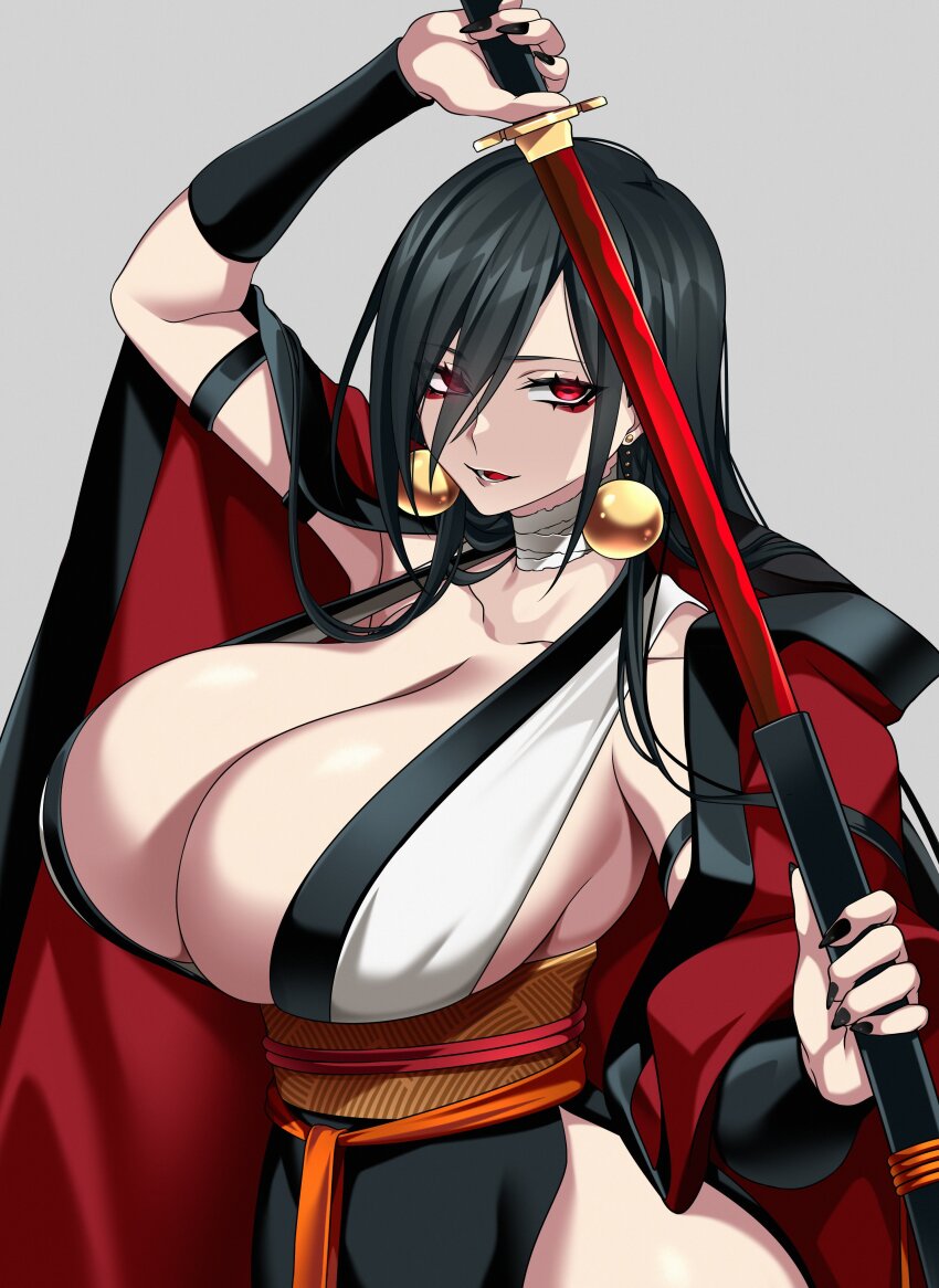 1girl absurdres black_hair black_nails breasts cleavage commentary earrings elbow_gloves gloves highres holding holding_sheath holding_sword holding_weapon huge_breasts hz_(666v) japanese_clothes jewelry jewelry_request katana kimono long_hair open_clothes open_kimono open_mouth original red_eyes red_kimono sheath sleeveless sleeveless_kimono sword symbol-only_commentary unsheathing weapon white_background yakuza