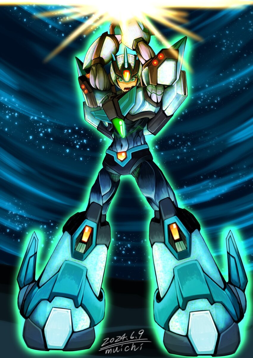 1boy agetatekoron2 android arm_cannon armor artist_name costume dark_blue_background forehead_jewel gem gloves green_eyes helmet highres jetpack male_focus mega_man_(series) mega_man_x_(series) pauldrons robot shoulder_armor shoulder_pads solo ultimate_armor_x_(mega_man) weapon white_armor x_(mega_man)