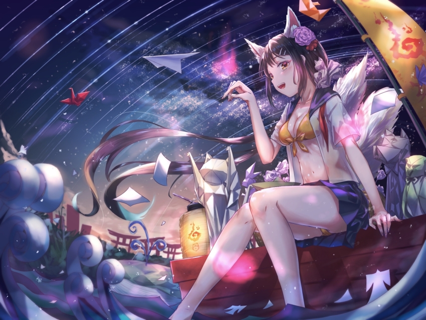 1girl :d animal_ears banner bikini bikini_under_clothes black_hair blue_butterfly blue_skirt boat breasts bug butterfly cat_ears cleavage flower hair_flower hair_ornament hairclip insect kinomtan lantern long_hair night night_sky nobori on_boat open_mouth origami original paper paper_airplane paper_crane paper_lantern papercraft paw_pose school_uniform serafuku short_sleeves sitting skirt sky smile soaking_feet solo swimsuit swimsuit_under_clothes torii very_long_hair water watercraft yellow_bikini