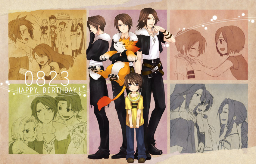 &gt;_&lt; 00s 1990s_(style) 6+boys 6+girls :&lt; :d &gt;_&lt; aerith_gainsborough birthday birthday_cake brown_hair bartz_klauser cake child claws dated dissidia_final_fantasy ellone closed_eyes final_fantasy final_fantasy_ix final_fantasy_v final_fantasy_vii final_fantasy_viii food gloves grin hand_on_head happy_birthday hiryuu_(kana_h) hug irvine_kinneas jacket jewelry kingdom_hearts kingdom_hearts_ii moomba multiple_boys multiple_girls multiple_persona necklace open_mouth quistis_trepe rinoa_heartilly scar seifer_almasy selphie_tilmitt shirt shoes smile squall_leonhart square_enix t-shirt tail time_paradox xd aged_down yuffie_kisaragi zell_dincht zidane_tribal