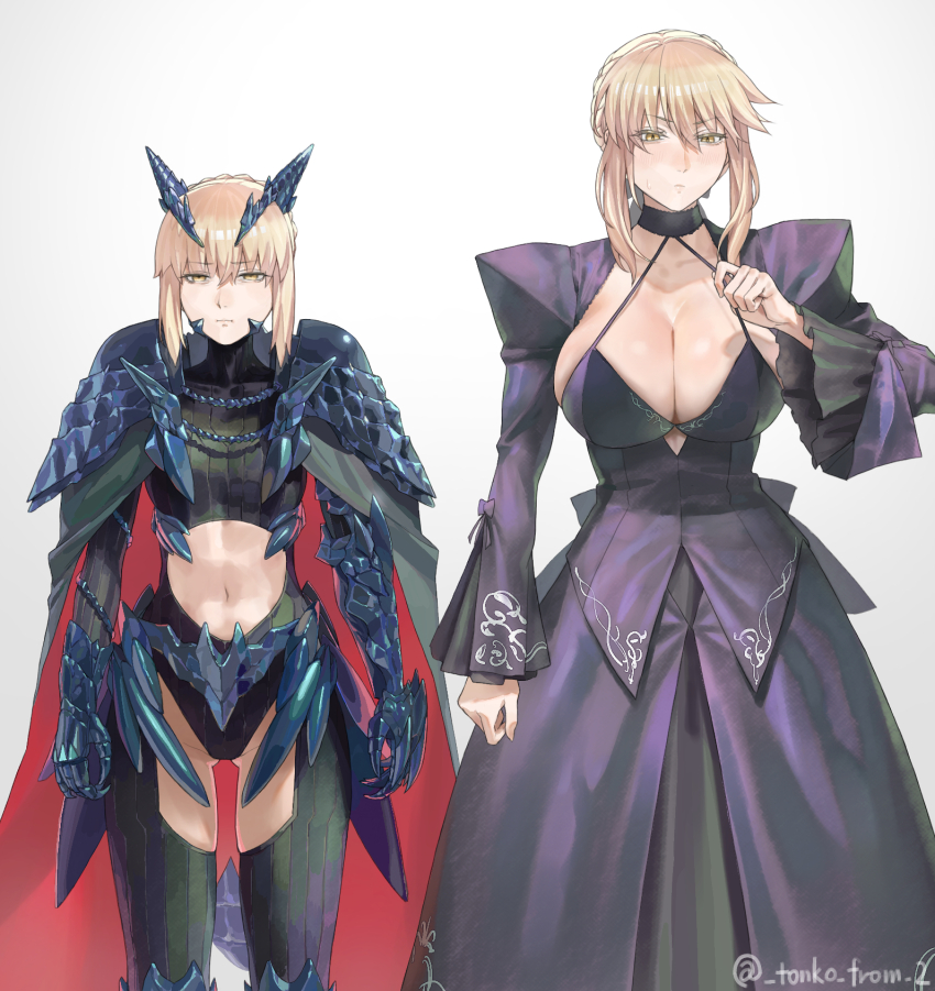 2girls abs armor artoria_pendragon_(fate) artoria_pendragon_(lancer_alter)_(fate) black_dress blonde_hair breasts cape clawed_gauntlets cleavage clothing_cutout cosplay costume_switch dress dual_persona fate/grand_order fate_(series) gluteal_fold highres large_breasts leotard multiple_girls saber_alter small_breasts standing stomach_cutout tall_female thigh_gap toned toned_female tonko_from yellow_eyes