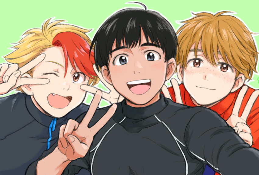 3boys :d ;d black_hair blonde_hair brown_eyes brown_hair double_v fang freckles grey_eyes jacket ji_guang-hong male_focus minami_kenjirou multicolored_hair multiple_boys one_eye_closed open_mouth phichit_chulanont red_hair selfie smile takeshi_(mononohu20) track_jacket two-tone_hair upper_body v v_over_eye yuri!!!_on_ice
