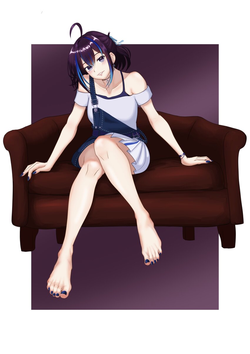1girl absurdres ahoge bare_shoulders barefoot blue_hair blue_nails blue_ribbon border collarbone couch double-parted_bangs earrings feet full_body gradient_background hair_between_eyes hair_ribbon head_tilt highres indie_virtual_youtuber jewelry knees_together_feet_apart legs long_hair looking_at_viewer multicolored_hair nail_polish necklace off_shoulder on_couch parted_lips pleated_skirt purple_background purple_eyes ribbon scleaver sitting skirt smile solo streaked_hair suspenders toenail_polish toenails toes virtual_youtuber white_border yubari_rei