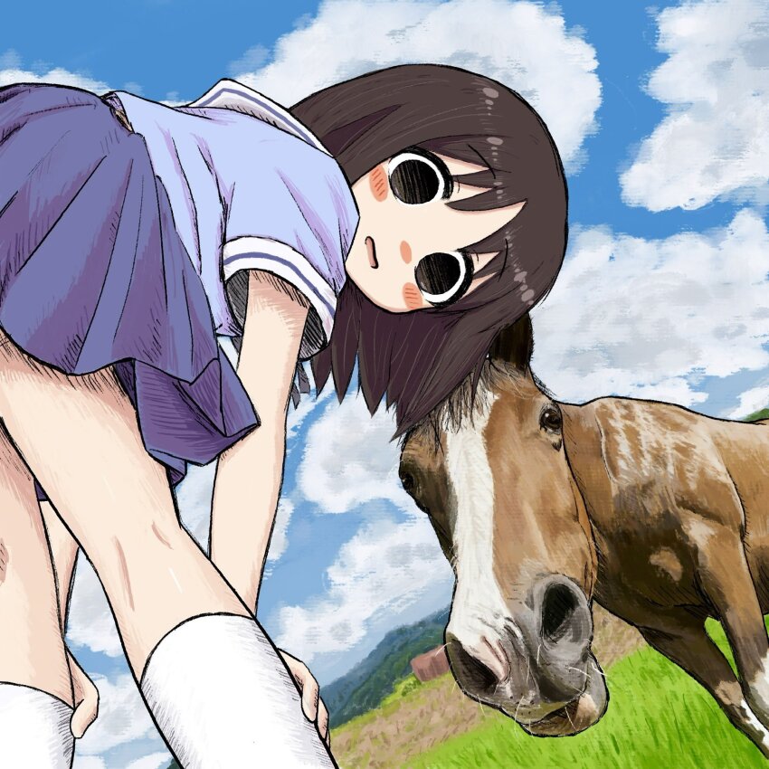 1girl animal azumanga_daioh&#039;s_school_uniform azumanga_daiou bent_over black_eyes black_hair blue_serafuku blue_skirt blue_sky blush_stickers bubbacterial cloud cloudy_sky day grass highres horse kasuga_ayumu kneehighs kneepits looking_at_viewer mountainous_horizon no_pupils open_mouth outdoors pleated_skirt rural sailor_collar school_uniform serafuku short_sleeves skirt sky socks white_sailor_collar white_socks