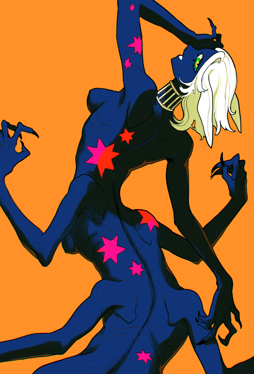1girl absurdres animal_ears blue_skin breasts colored_skin completely_nude extra_arms fingernails green_eyes highres jewelry looking_at_viewer medium_breasts momomo_906 monster_girl multicolored_eyes neck_ring nude orange_background original sharp_fingernails short_hair simple_background solo white_hair yellow_eyes