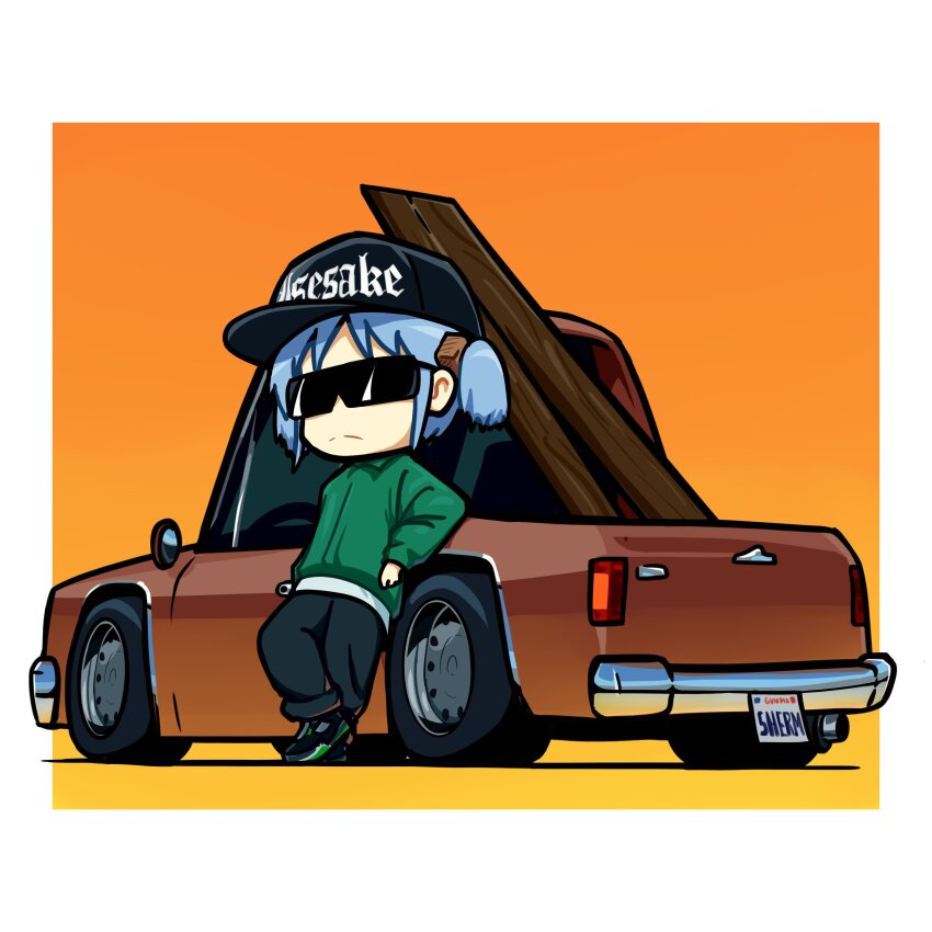 1girl absurdres air_jordan air_jordan_5 baseball_cap black_hat black_pants black_shoes border cosplay duz frown grand_theft_auto grand_theft_auto:_san_andreas green_jacket hair_behind_ear hat highres jacket license_plate motor_vehicle naganohara_mio nichijou orange_background pants pickup_truck rockstar ryder_(grand_theft_auto) ryder_(grand_theft_auto)_(cosplay) shoes sneakers solo sunglasses sweatpants truck twintails vehicle_focus white_border