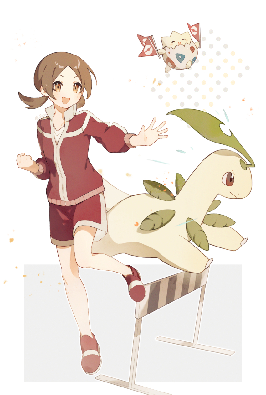 1girl :d bayleef blush brown_eyes brown_hair clenched_hand commentary_request erua_(_8eru) eyelashes gen_2_pokemon highres jacket knees long_hair lyra_(pokemon) nintendo open_mouth parted_bangs pokemon pokemon_(creature) pokemon_hgss red_footwear red_jacket red_shorts shirt shoes shorts smile spread_fingers togepi twintails white_shirt