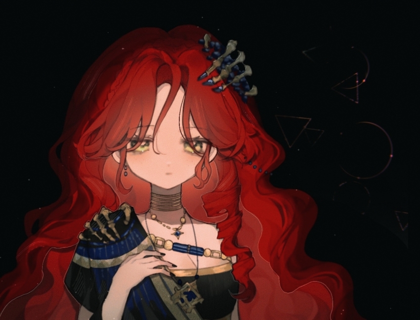 1girl aa_huaju_pifa_ma_zong black_background black_dress blue_gemstone breasts cleavage closed_mouth dress expressionless gem gold_choker green_eyes hair_ornament hand_on_own_chest hand_up jewelry long_hair looking_at_viewer pendant red_hair reverse:1999 single_off_shoulder solo sophia_(manus_vindictae)_(reverse:1999) sophia_(reverse:1999) upper_body very_long_hair wavy_hair