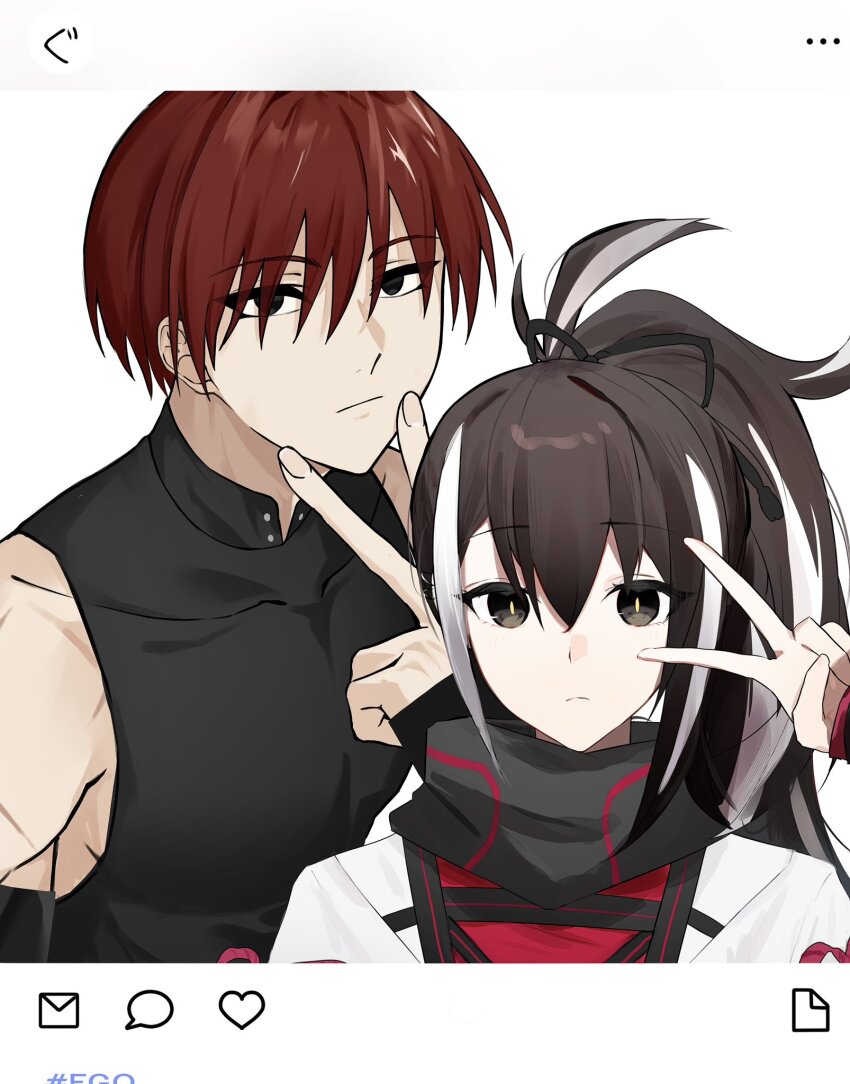 1boy 1girl bare_shoulders black_bow black_eyes black_hair black_shirt bow collared_shirt expressionless fate/grand_order fate_(series) hair_bow hair_over_eyes harada_sanosuke_(fate) highres kawakami_gensai_(fate) looking_at_viewer multicolored_hair nyapre red_hair shirt sleeveless sleeveless_shirt toned toned_male two-tone_hair upper_body v v_over_eye v_over_mouth white_hair