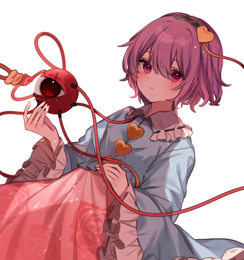 1girl black_hairband blue_shirt blush buttons closed_mouth commentary_request contrast_collar floral_print frilled_shirt_collar frilled_sleeves frills hairband heart heart_button highres komeiji_satori light_particles long_sleeves looking_at_viewer pink_hair pink_skirt print_skirt purple_eyes ribbon-trimmed_collar ribbon_trim rose_print shirt short_hair simple_background skirt solo third_eye touhou white_background wide_sleeves yurui_tuhu