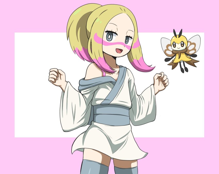 1girl :d alternate_costume blonde_hair bra_strap bright_pupils clothing_request collarbone commentary_request eyelashes facepaint game_freak gen_7_pokemon grey_eyes grey_thighhighs happy looking_at_viewer mina_(pokemon) multicolored_hair nintendo open_mouth pink_hair pokemon pokemon_(creature) pokemon_sm ribombee sidelocks single_off_shoulder smile takamame thighhighs tongue two-tone_hair white_pupils wide_sleeves