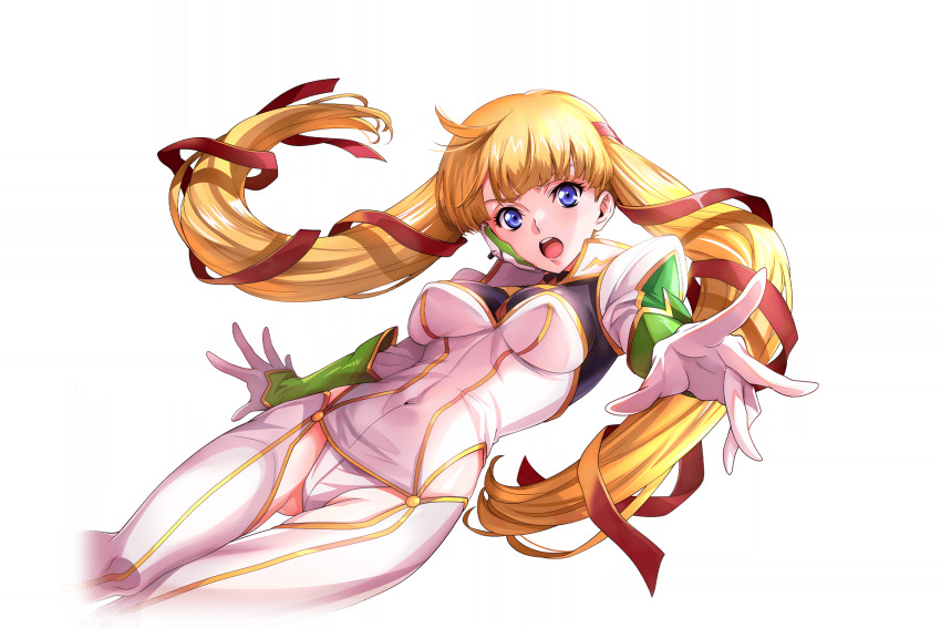 1girl blonde_hair blue_eyes blunt_bangs code_geass code_geass:_lost_stories gloves hair_ribbon headset highres knightmare_frame long_hair mecha_pilot_suit monica_kruszewski non-web_source open_mouth ribbon transparent_background twintails