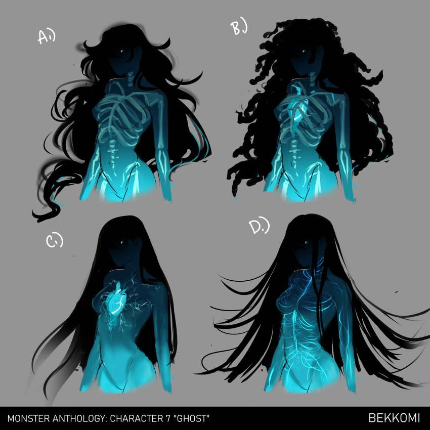 1girl absurdres artist_name bekkomi black_hair breasts colored_skin cowboy_shot cropped_legs ghost_girl glowing glowing_eye green_skin grey_background groin heart_(organ) highres large_breasts long_hair looking_at_viewer multiple_views original skull