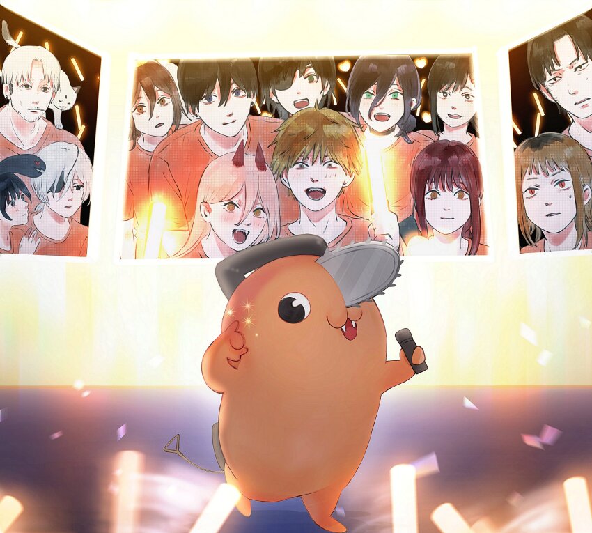 4boys 6+girls animal animal_on_shoulder black_eyes black_hair blonde_hair brown_eyes cat cat_on_shoulder chainsaw_man commentary_request denji_(chainsaw_man) eyepatch facial_hair fangs glowstick green_eyes grey_hair hayakawa_aki higashiyama_kobeni highres himeno_(chainsaw_man) holding holding_glowstick horns katana_man_(chainsaw_man) kishibe_(chainsaw_man) makima_(chainsaw_man) medium_hair meowy_(chainsaw_man) multicolored_hair multiple_boys multiple_girls nayuta_(chainsaw_man) open_mouth orange_eyes orange_shirt pingtsi_(chainsaw_man) pink_hair pinky_out pochita_(chainsaw_man) power_(chainsaw_man) quanxi_(chainsaw_man) red_hair red_horns reze_(chainsaw_man) roots_(hair) sawatari_akane_(chainsaw_man) sharp_teeth shirt smile stage stubble teeth toukaairab