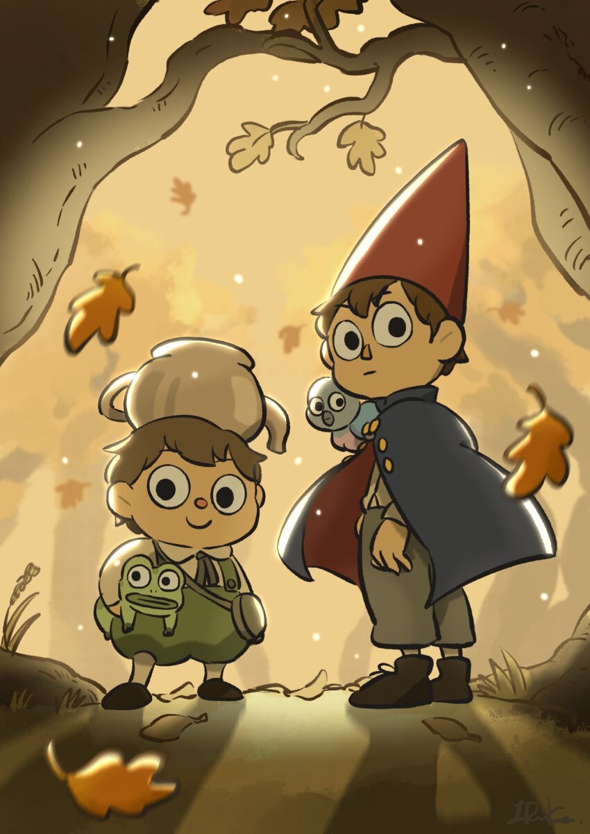 2boys artist_name beatrice_(over_the_garden_wall) commentary english_commentary frog gregory_(over_the_garden_wall) highres holding_animal holding_frog leaf looking_at_viewer multiple_boys over_the_garden_wall raised_eyebrows sanshoku_iruka shadow wirt_(over_the_garden_wall)