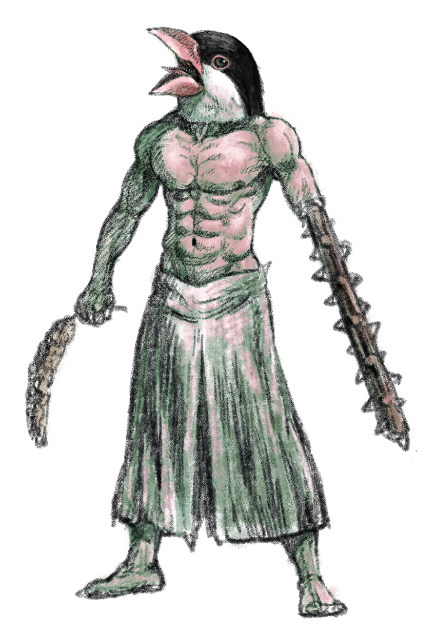 1boy abs barefoot bird_boy commentary crow_mauler english_commentary fear_&amp;_hunger_(series) fear_&amp;_hunger_1 full_body highres male_focus open_mouth prosthetic_weapon simple_background solo standing toned toned_male topless_male white_background yoshinaga_yuki