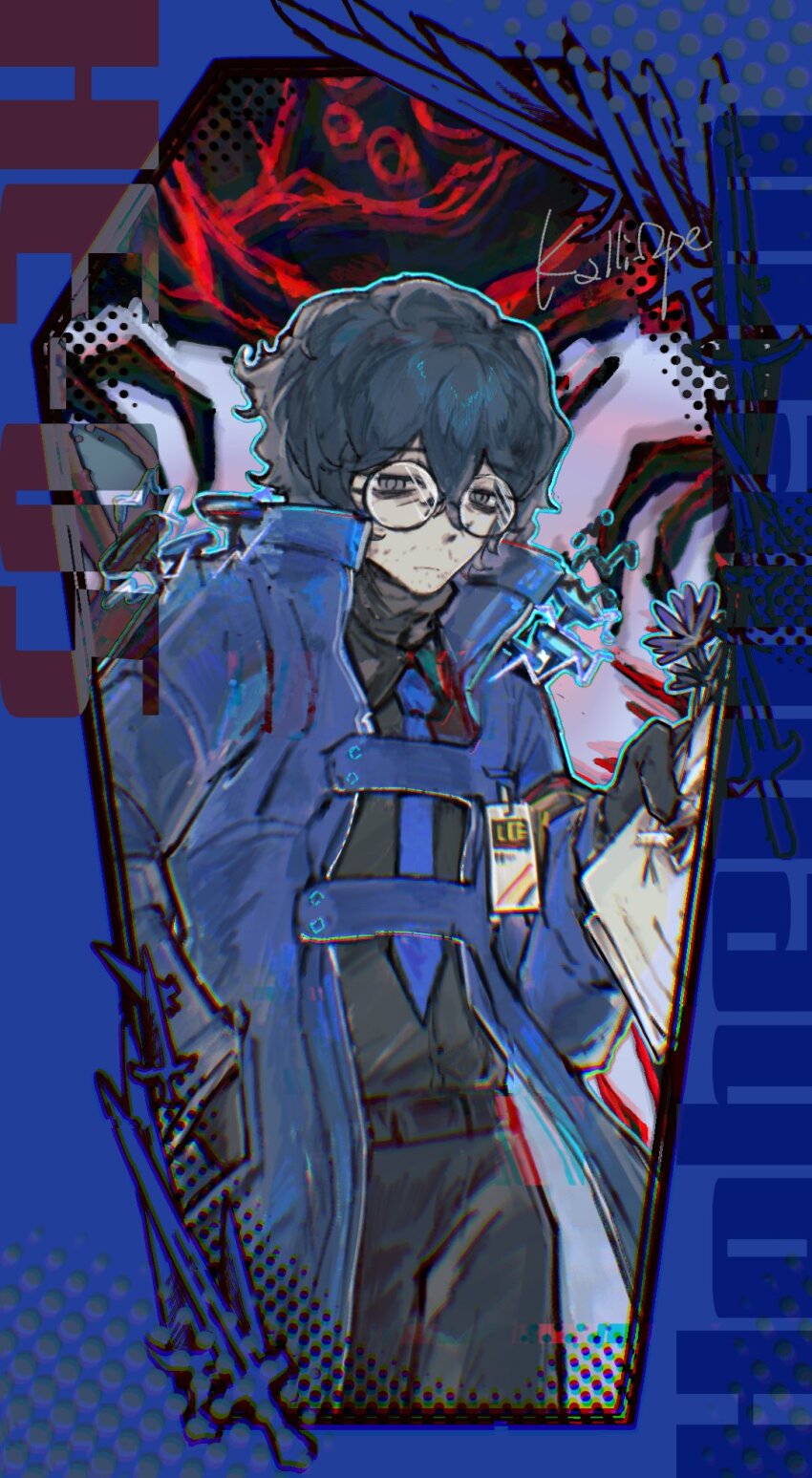 1boy :| bags_under_eyes belt black_shirt blue_border blue_coat blue_hair blue_necktie blue_outline border closed_mouth coat coffin collared_shirt cowboy_shot crossed_bangs distortion_(project_moon) exhausted flower glasses grey_eyes halftone hand_in_pocket high_collar highres hohenheim_(project_moon) holding holding_paper id_card kalliope_orc limbus_company looking_at_viewer nail_(hardware) necktie object_on_shoulder ornate_border outline paper project_moon shirt short_hair sword_print white_background