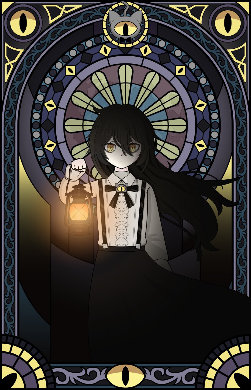 1girl absurdres black_bow black_bowtie black_hair black_skirt bow bowtie dante_helsing darkness eye_in_bowtie flat_chest floating_hair frilled_sleeves frills grimmi_(vtuber) hair_between_eyes highres holding holding_lantern horror_(theme) indie_virtual_youtuber lantern looking_at_viewer occult pale_skin petite ringed_eyes shirt skelter_(grimmivt) skirt slit_pupils solo stained_glass straight-on suspender_skirt suspenders virtual_youtuber white_shirt yellow_eyes
